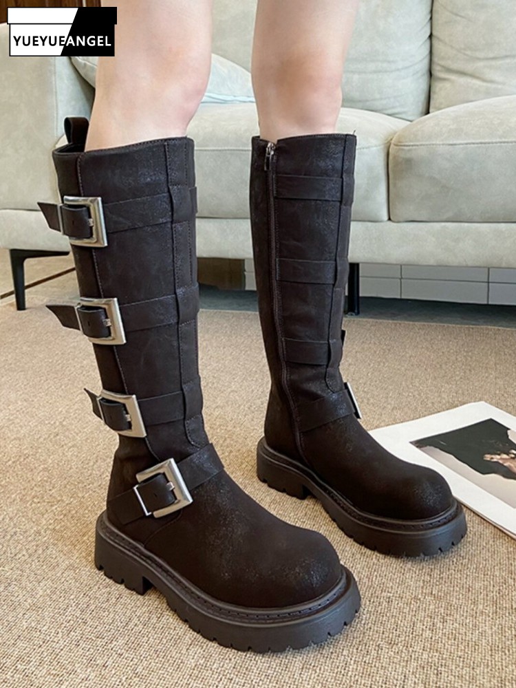 Fashion Women Multi Buckle Kne - Leather Work Women Shoes reseña y precio