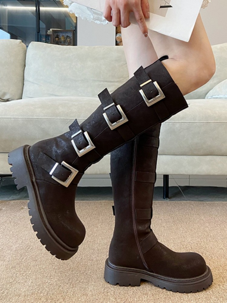 Fashion Women Multi Buckle Kne - Leather Work Women Shoes reseña y precio
